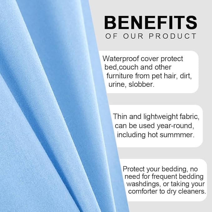 DUJUIKE Waterproof Bed Cover for Dog and Cats,Pet Hair Resistant Bed Sheet Cover, Protective Bed Liner Cover with 100% Waterproof Breathable Thin Fabric (Sky Blue, Super King 90 * 118 inch)