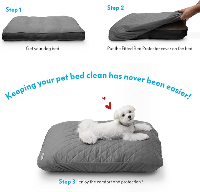 Paw Inspired Waterproof Fitted Cover for Dog Bed | Washable Bed Protector for Dog Mattress | Removable Replacement Cover for Large to XL Pet Bed (Gray, 44 x 35 x 6 Inch)