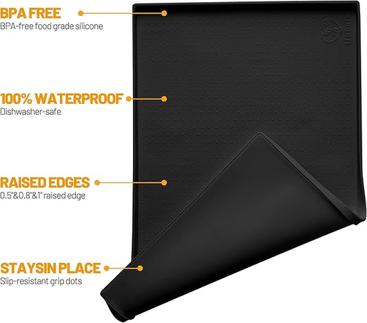 Hubulk Dog Feeding Mat,100% Waterproof Food Grade Silicone Pet Food and Water Bowl Placemat,Dishwasher, High Raised Edge to Prevent Spills,Nonslip Tray to Stop Messes on Floor(28"x18"x0.8", Black)