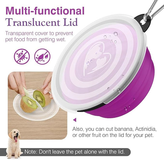 Pawaboo Collapsible Dog Bowls 2 Pack, Silicone Feeding Watering Bowls with Lids & Carabiners for Dogs Cats, Portable Water Feeder Food Bowl for Walking Traveling Home Use, 1000ml, Pink + Purple