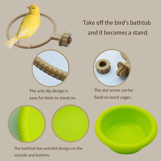 FOIBURELY Multi-Function Caged Bird Bath Bird Cage Parrot Supplies Bathing Tub for Canary Finch Budgerigar,Perch Stand(4.5")