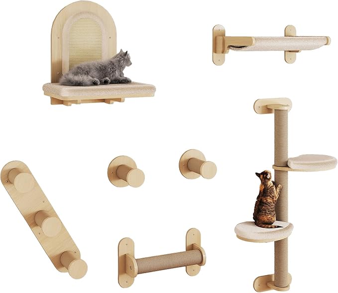 BYBYME 7Pcs Cat Wall Shelves, Solid Wood Indoor Cat Tree, Multi-Levels, Sturdy Wooden Wall Mounted Climbing Frames with Scratching Posts, Kitten Platform and Bed(Natural Wood)