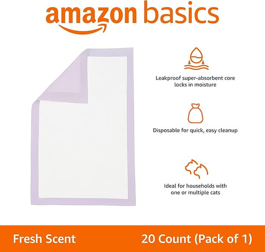 Amazon Basics Cat Litter Pee Pads, Odor Control with Fresh Scent, Super Absorbent, Multi Cat, Disposable, Universal Fit for Litter Box, Purple, 20 Count