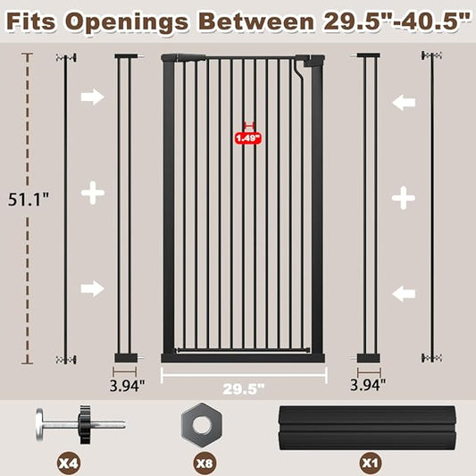 Fairy Baby 51.18" Extra Tall Cat Gate for Doorway, 29.5"-40.5" Extra Wide Pet Gate Dog Barrier Indoor for Cats Dogs, Kid Puppy Dog Gate No Jumping Over & No Climb, Metal Child Safety Proof Gate, Black