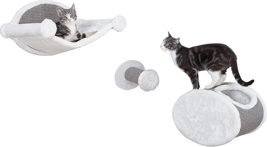Trixie Liam Wall Mounted Cat Furniture - 3pc Cat Wall Scratcher - Climbing Shelves, Plush & Sisal Covered Condo, Hammock, and Step - Gray
