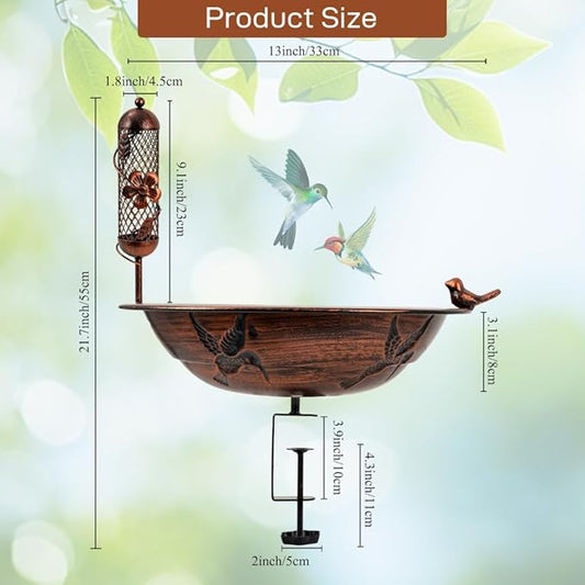 DREAMSOUL 13" Dia Deck Mounted Bird Bath with Clamp, Metal Bird Bath and Feeder Detachable Unheated Birdbath for Deck Railing