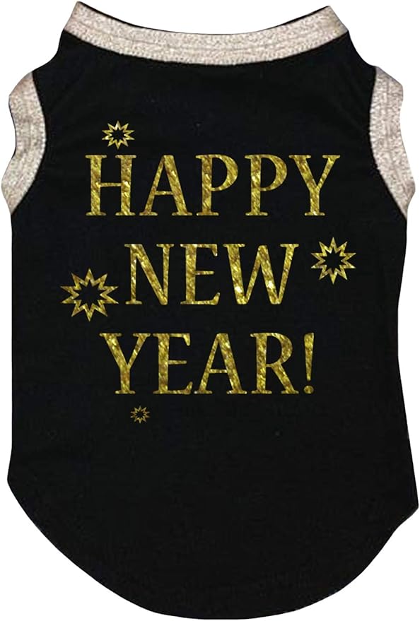 Petitebella Bling Happy New Year Puppy Dog Shirt (Black/Gold, XXX-Large)