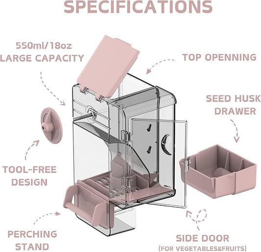 Automatic Bird Feeder, No Mess Bird Cage Feeder with Perch Multi-Functional Holder for Fruits Vegetables for Parakeet Canary Cockatiel Finch (Pink)