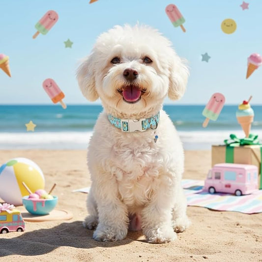 Blue Dog Collar for Large Dogs, Boy Girl Dog Collar with Ice Cream Pattern for Spring Summer, Breathable Adjustable Large Collars for Male Female Dogs, L