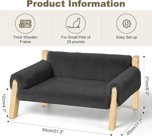 Elevated Cat Couch Bed for Indoor Cats - Wooden Pet Sofa with Removable Washable Thick Cover Raised Kitty Lounge Chair Suitable for Puppy or Small Animals(Cat Sofa Grey)