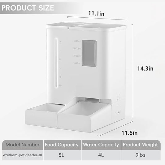 Waithem Wi-Fi Automatic Pet Feeder and Waterer for Cats&Dogs, 2-in-1 Set 5L Large Capacity for 2 Weeks, Intuitive App Operation, 2 Way Power Supply, Detachable for Cleaning
