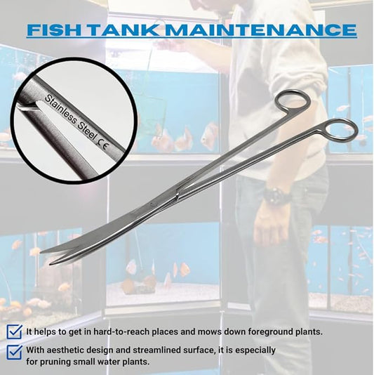 Aquarium Scissors Stainless Steel 12" Extra Long Water Grass Scissors for Aquatic Plants Pruning, Fish Tanks, Terrariums Used in Salt Water Fresh Water Landscape Maintenance Tools (Curved - Silver)