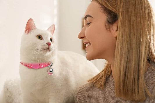 4PCS Cat Collar with Bells,Breakaway Cat Collars,Kitten Collar with Bell Moons Stars Cute Kitty Safe with Pendant,Cat Collars for Girl Cats 6.9-10.7 Inch(Black&Purple&Pink&Teal)