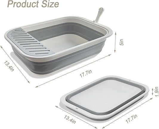 Collapsible Kitten Litter Box, 17.7 x 13.4 x 5 inch Open Cat Potty Pan with Scoop Foldable Shallow Cat Toilet Anti-Splashing Low Entrance Travel Litter Box with Falling Sand Pedal Grey