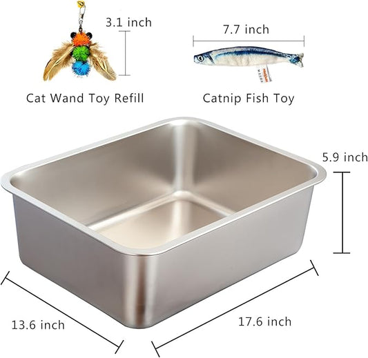 Stainless Steel Cat Litter Box Set, Includes Catnip Fish Toy & Wand Feather Toy Refill, Easy to Clean, Pet Toilet Supplies for Kitten, Kitty, Rabbit, Metal Litter Pan for Kittens and Adult Cats