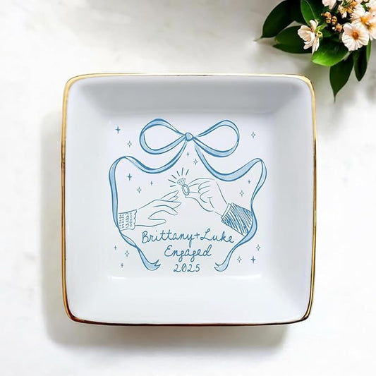 Custom Engaged Ring Dish - Personalized Bow & Rings Exchange Illustration Jewelry Tray, Engagement Trinket Holder Dish, Gifts for Newly Engaged Couple, Bride, Wife, or Bestie