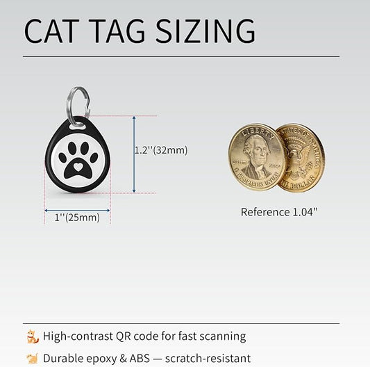 QR Code Cat ID Tag for Collar, Smart Pet ID with Free Online Profile, Instant Scan to Contact Owner, Silent Anti-Lost Cat Tag, No App or Subscription, Black 1”