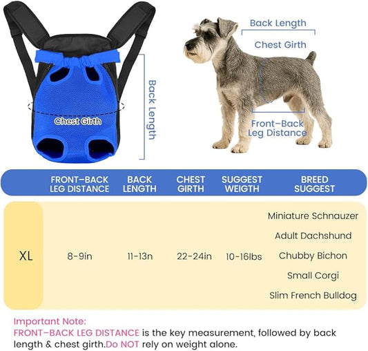 Dog Backpack Carrier, Pet Sling Front Backpack for Small Medium Dogs 10-16 Lbs, Legs Out, Adjustable Wearable Puppy Chest Travel Bag, Thick Straps & Cushion, Easy-Fit for Hiking/Walking/Camping
