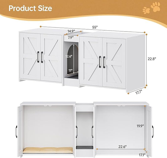 Cat Litter Box Enclosure Furniture - Hidden Litter Box Double Cabinet with Scratch Pad & Cats Bed | Farmhouse Style End Table for Cats | Discreet Cat Washroom for Living Room & Bedroom White