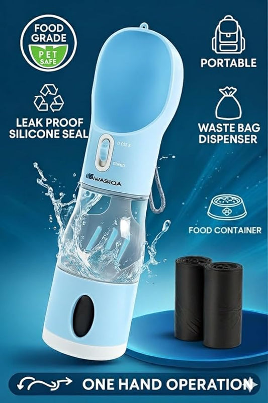 All-in-One Pet Water Bottle with Food Container, Poop Bag Dispenser & Shovel | Portable Dog Travel Bottle | Leak-Proof, BPA-Free, One-Hand Operation | Outdoor Pet Feeder (Blue)