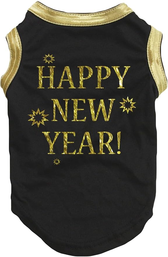 Petitebella Bling Happy New Year Puppy Dog Shirt (Black/Bright Gold, XXX-Large)