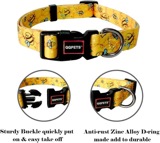 QQPETS Adjustable Soft Dog Collar: Print Flower Pink Multicolor Cute Patterns for XS Small Medium Large Pet Girl Boy Puppy Walking Running Training (L, Yellow Bee)