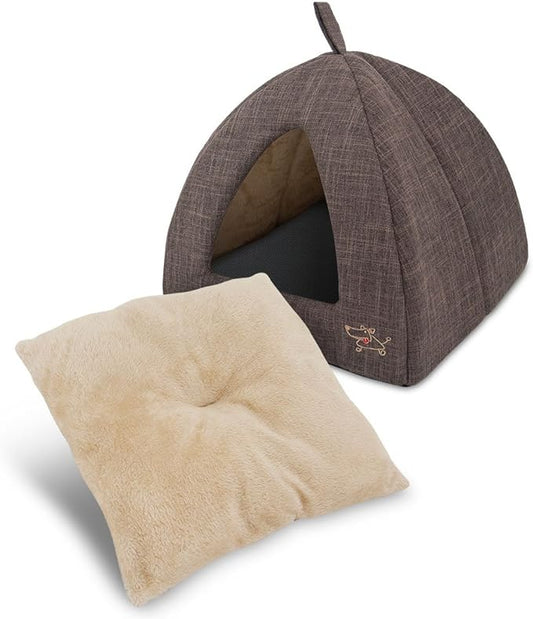 Best Pet Supplies Dog House Bed Crate Mat Tent Indoor Round Soft Plush for Small, Medium, and Large Breeds - Brown Linen, 19 x 19 x H:19"