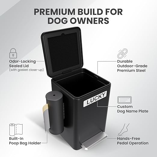 Dog Poop Trash Can Outside, 6L Metal Outdoor Dog Waste Bin with Lid & Soft Close Pedal, Pet Waste Container with Charcoal Filter, Removable Inner Bucket, Bag Holder, Stickers & Custom Name Plate