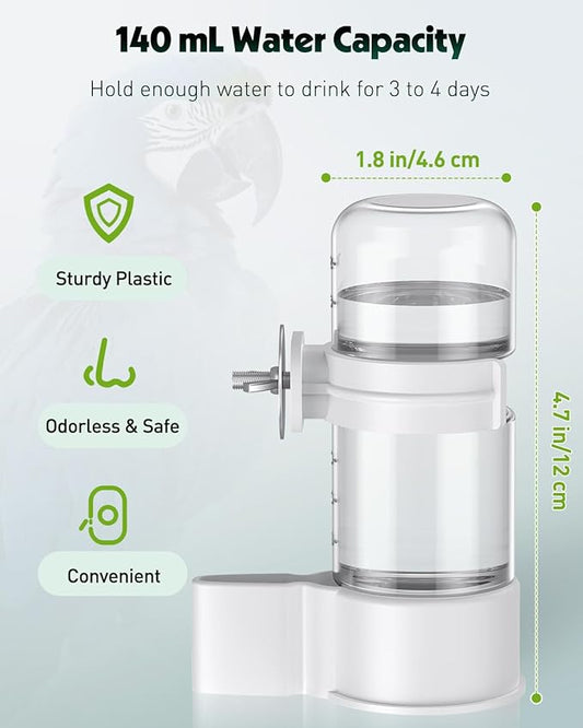 Pawfly Bird Water Dispenser, Automatic Water Feeder, Plastic Cage Water Dispenser, White Parrot Waterer for Small Parakeet Cockatiel Budgie Lovebirds (Not Fit for Food Feeding)