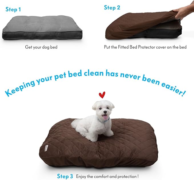Paw Inspired Waterproof Fitted Cover for Dog Bed | Washable Bed Protector for Dog Mattress | Removable Replacement Cover for Medium to Large Pet Bed (Dark Brown, 36 x 27 x 5 Inch)