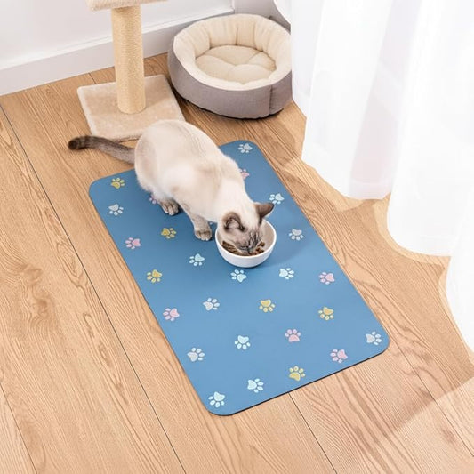 Cat Food Mat Absorbent Dog Mat for Food and Water Non Slip Quick Dry Dog Bowl Mats for Floors 19" X 12" Paw Lake Blue