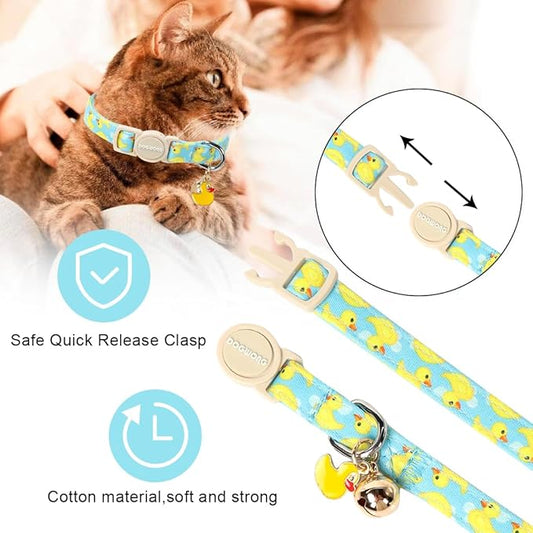 2 Pack Summer Duck Dinosaur Cat Collars Breakaway with Bell, DOGWONG Safety Buckle Duck Cat Collar for Girl Boy Cats,Adjustable 7-12 Inch