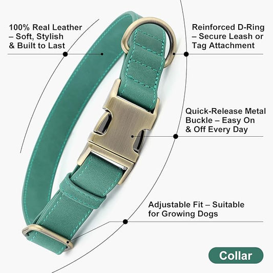 Plutus Pet Genuine Leather Dog Collar – Adjustable Pet Collar with Quick Release Metal Buckle, Soft Real Leather for Small Medium Large Dogs, Heavy Duty & Skin-Friendly (Green, L)