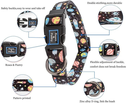Roses&Poetry Dog Collar with Colourful Star Patterns, Adjustable Durable Puppy Collars for Small Medium Large Dogs (Star-S)