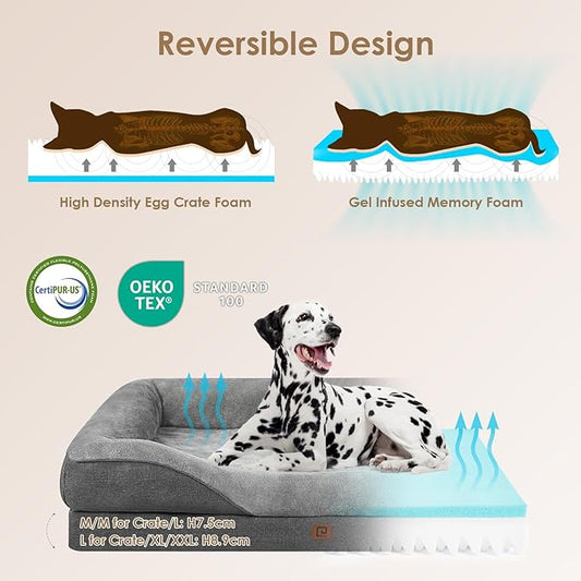 EHEYCIGA Orthopedic XL Dog Bed for Large Sized Dog, 42x30x7.5 Inch Extra Large Memory Foam Dog Couch Bed with Sides, Waterproof Liner & Washable Removable Cover, Bolster Pet Sofa, Grey