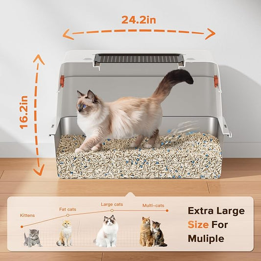 XL Premium Stainless Steel Enclosed Cat Litter Box with Lid, Extra Large Heavy-Duty Metal Litter Box for Big Cats & Multi-Cat Homes|Leak-Proof, Odor-Locking, Non-Stick Surface | Easy Clean (White)