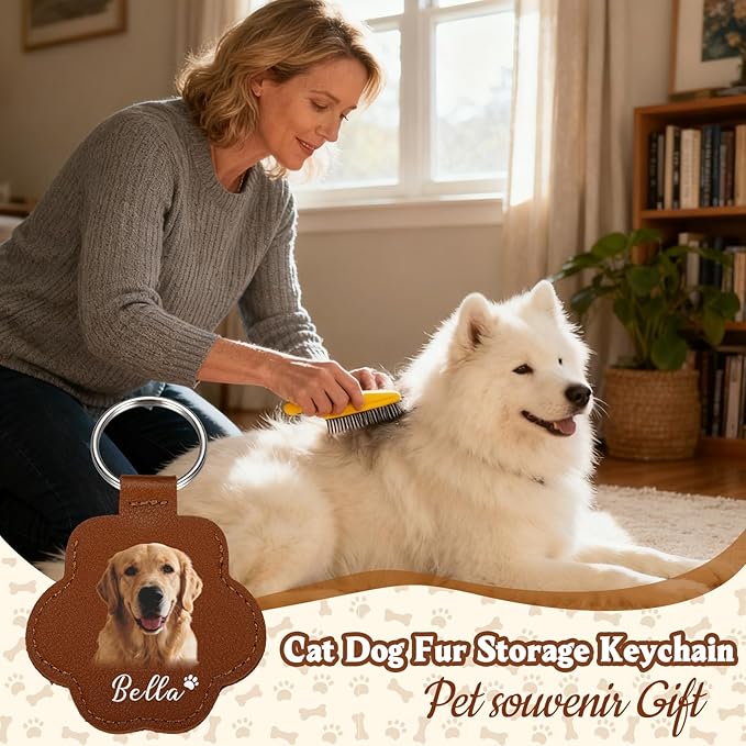 Custom Leather Pet Fur Keychain – Personalized Memorial Keepsake Keyring for Friend, Dog Cat Hair Sympathy Gifts
