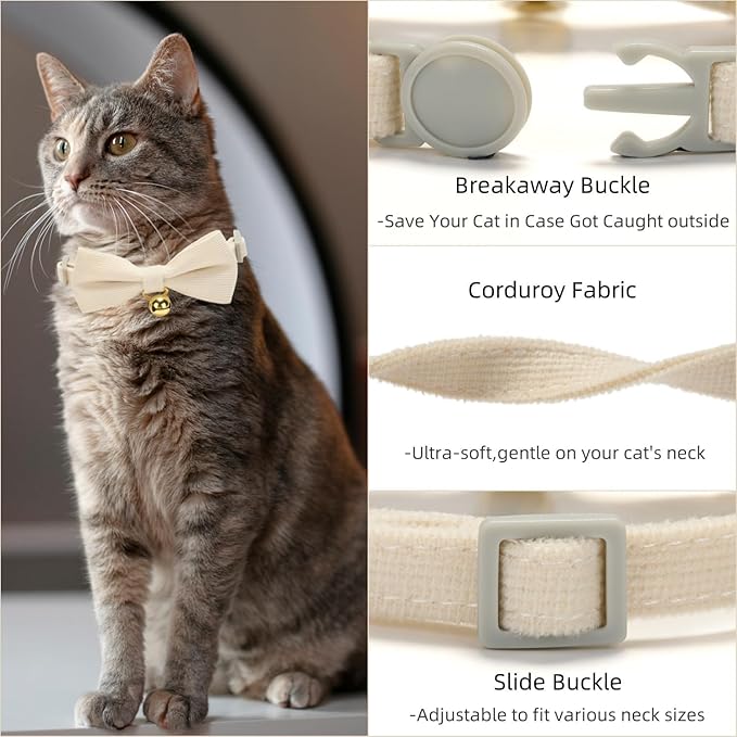 Soft Corduroy Cat Collar, Plaid Pattern, with Bell and Bowtie, Safety Breakaway Clasp, Adjustable for Kitten and Cats White Color.