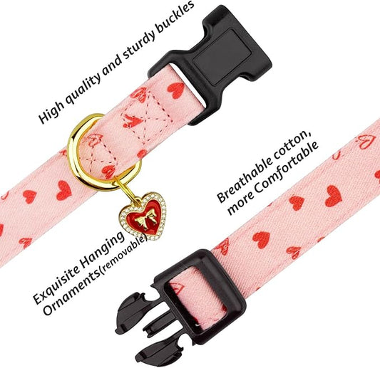 Cotton Handmade Dog Collar Cute and Distinctive Patterns Pink Heart with Pendant for Girl Boy Dogs Collars S