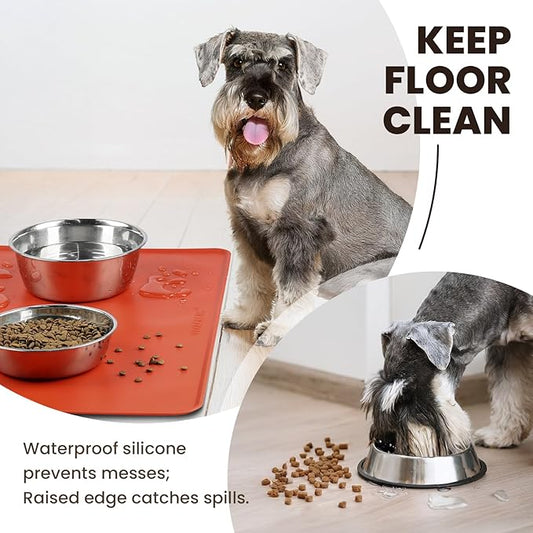 VIVAGLORY Dog Food Mat Flexmat Dog Bowl Mat, Placemat Food Tray with Raised Edges & Lip for Indoor Floor, Non Slip Waterproof Silicone Dish Placemat for Cat & Pet, L, Orange