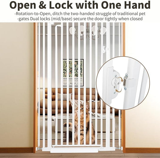 59“ Extra Tall Cat Gate for Doorway:29.4-33.4” Wide Pet Gate, Auto Close/One Handed Open, 1.34” Extra Small Gap, No Drill Pressure Mount Tall Cat Gate for Interior Stairs/Kitchens/Hallways (White)