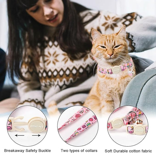 ARING PET 2 Pack Easter Cat Collars-Cute Easter Eggs Cat Collar Breakaway with Bell&Pendant, Adjustable Pink Chick Kitten Collars with Safety Buckle for Girl&Boy Cats