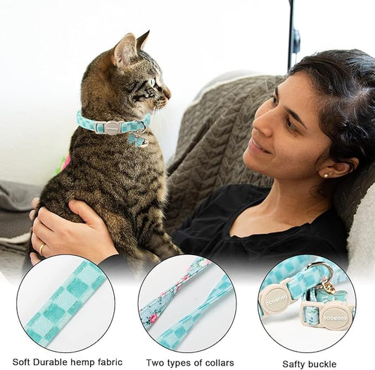 2 Pack Green Flower Cat Collars Breakaway with Bell, DOGWONG Safety Buckle Green Plaid Cute Cat Collar for Girl Boy Cats,Adjustable 7-12 Inch