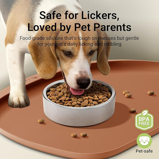 DownyPaws Dog Food Mats for Floors Waterproof, BPA Free Silicone Dog Bowl Mat, Non-Slip Pet Feeding Mat with High Raised Edge, Cat Placemat for Messy Drinkers, 24"×17", Coral