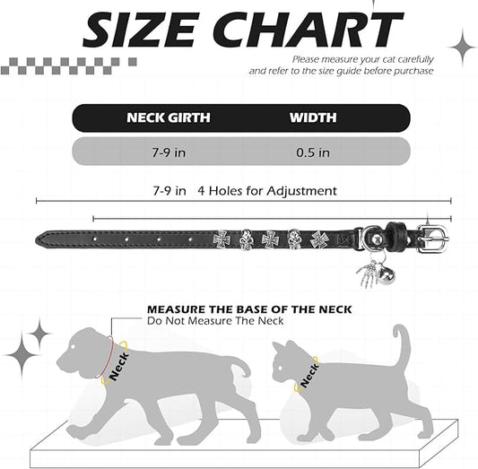 EXPAWLORER Leather Cat Collar for Girl Boy- Adjustable Pet Collar with Safety Elastic Belt,Personalized Punk Accessories Buckle Collars with Bell & Durable D-Ring, Skull(Black)