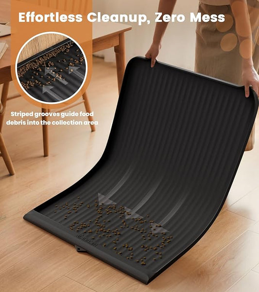 Dog Food Mat 36"x24", Waterproof Pet Feeding Mat with Diversion Grooves and Raised Edges, Large Non-Slip Dog Bowl Mat for Food and Water, Cat Food Mat for Floors, Easy to Clean, Black