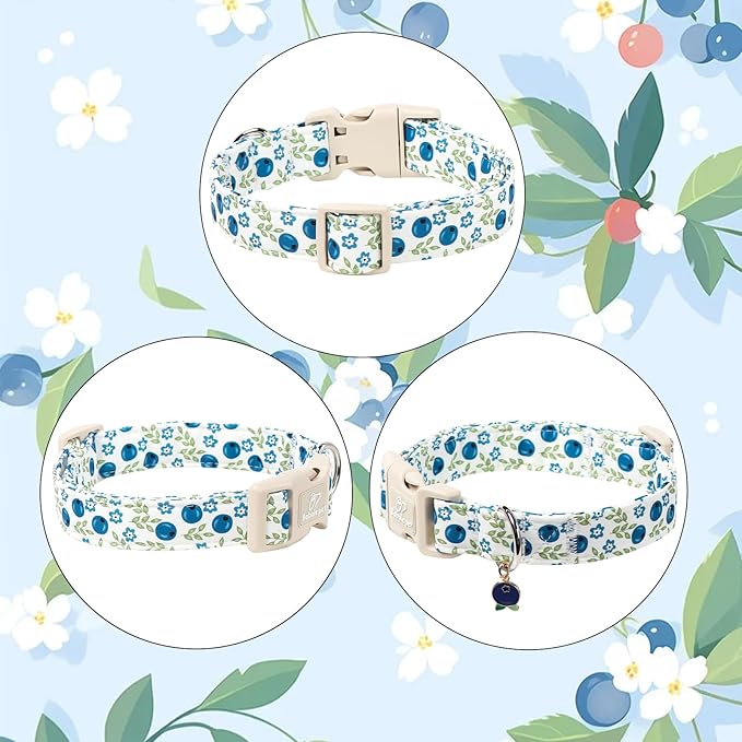 Spring/Summer Dog Collar for Large Dogs - Fresh Blueberry Girl Boy Dog Collars, Soft Lightweight Puppy Collar, Breathable Adjustable Male Female Fruit Floral Dogs Collars XL