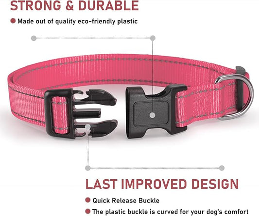 Reflective Dog Collar with Buckle Adjustable Safety Nylon Collars for Small Medium Large Dogs, Light Pink XL