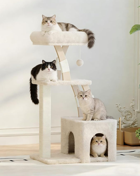 Cat Tree for Indoor Cats,40 Inches Cat Tower with Cozy Condo, Scratching Posts, Multi-Level Activity Center for Large Cats and Kittens, Beige