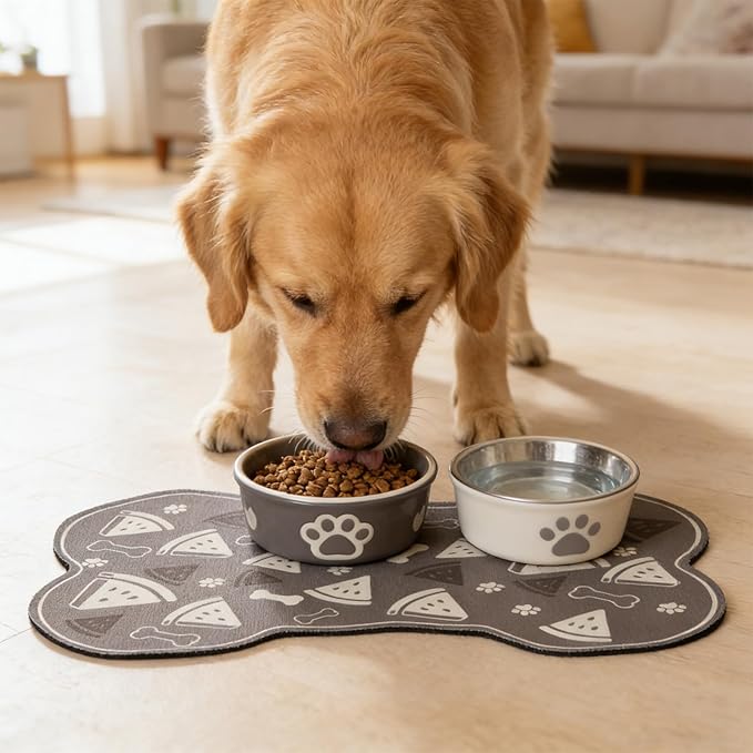 Dog Food Mat, 0.15” Thickened Super Absorbent Pet Feeding Mat for Food and Water, Fruit Donut Pattern Cat Placemat, Quick Dry Non-Slip Dog Bowl Mat, Water Splash Proof(Medium Watermelon Grey)